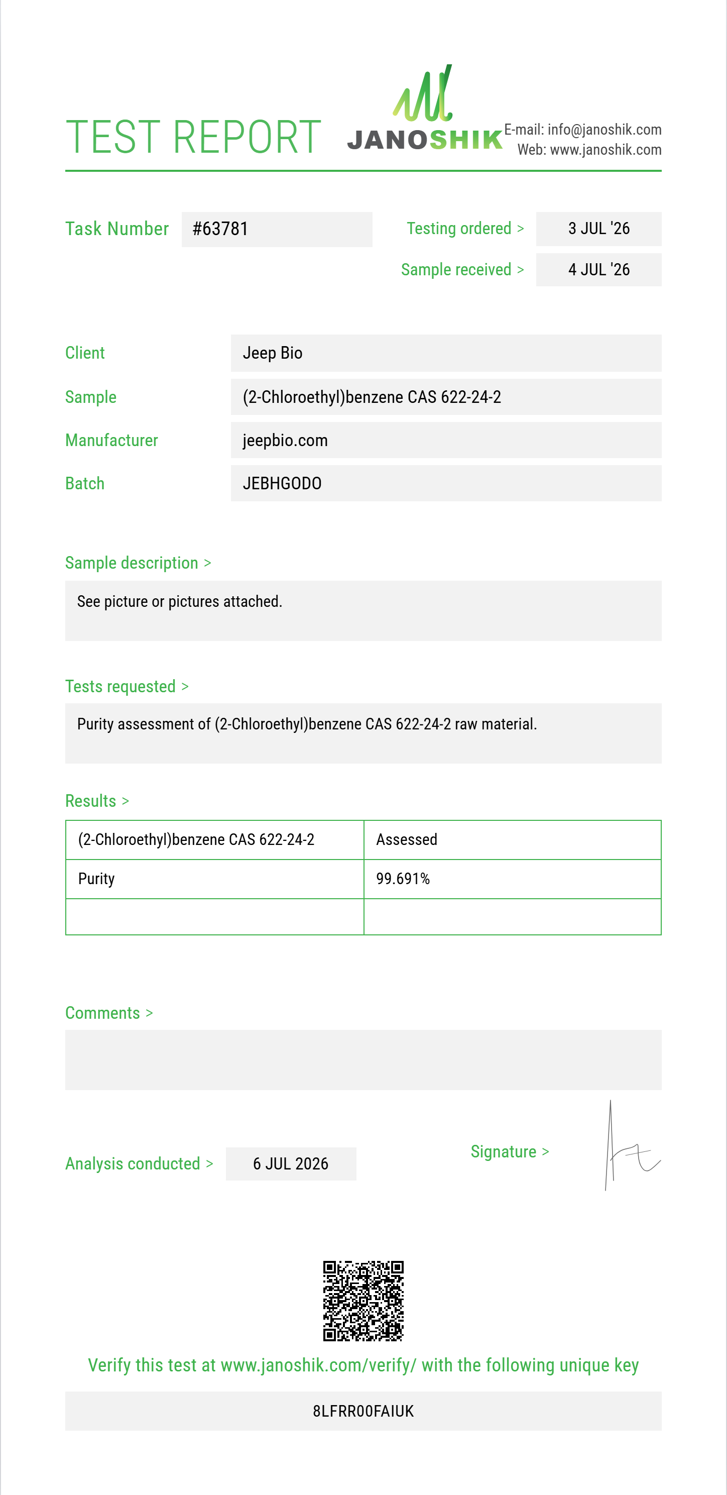 (2-Chloroethyl)benzene CAS 622-24-2 Purity (HPLC) report by Janoshik Analytical