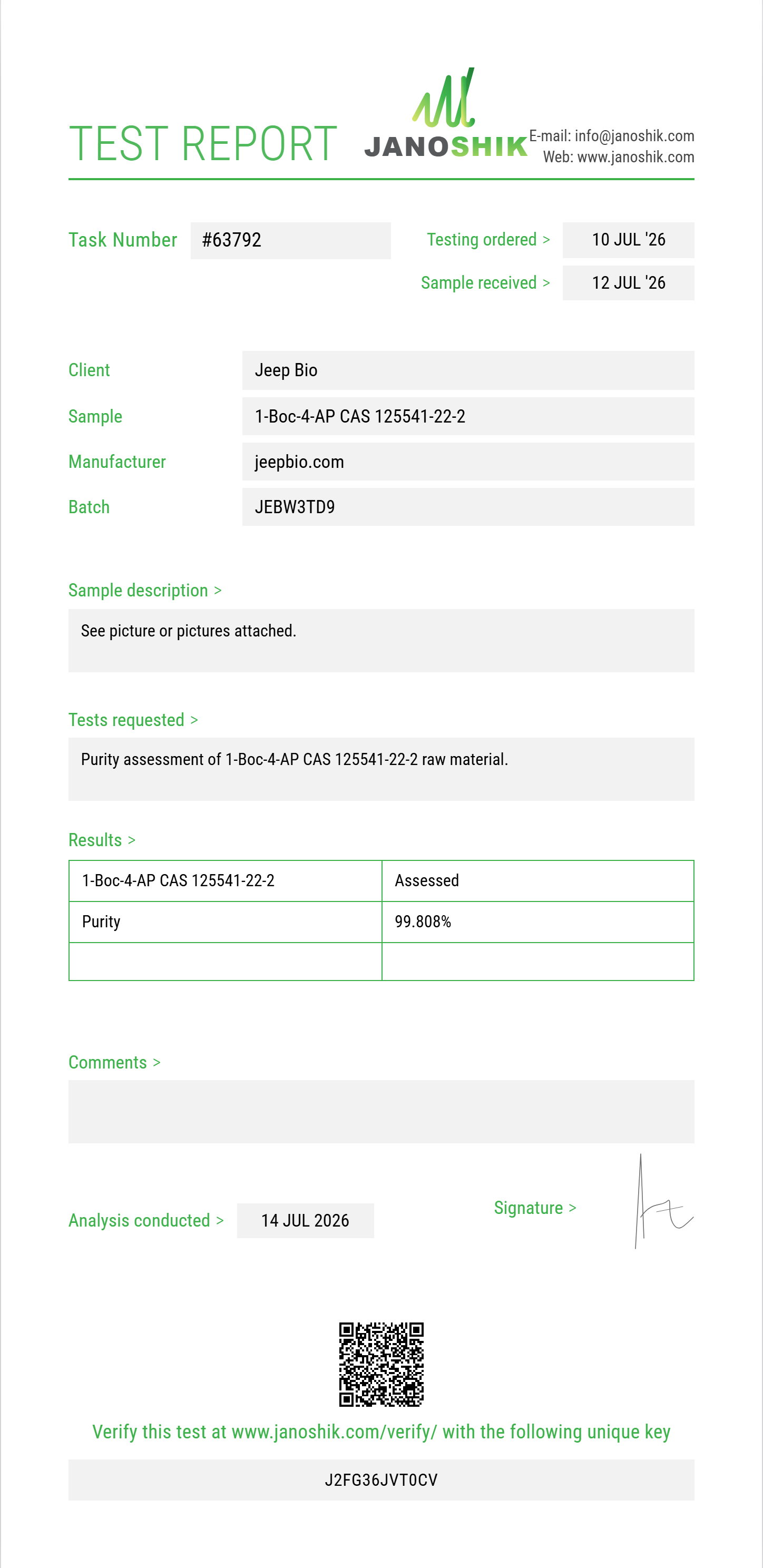 1-Boc-4-AP (tert-butyl 4-(phenylamino)piperidine-1-carboxylate) CAS 125541-22-2 Purity (HPLC) report by Janoshik Analytical