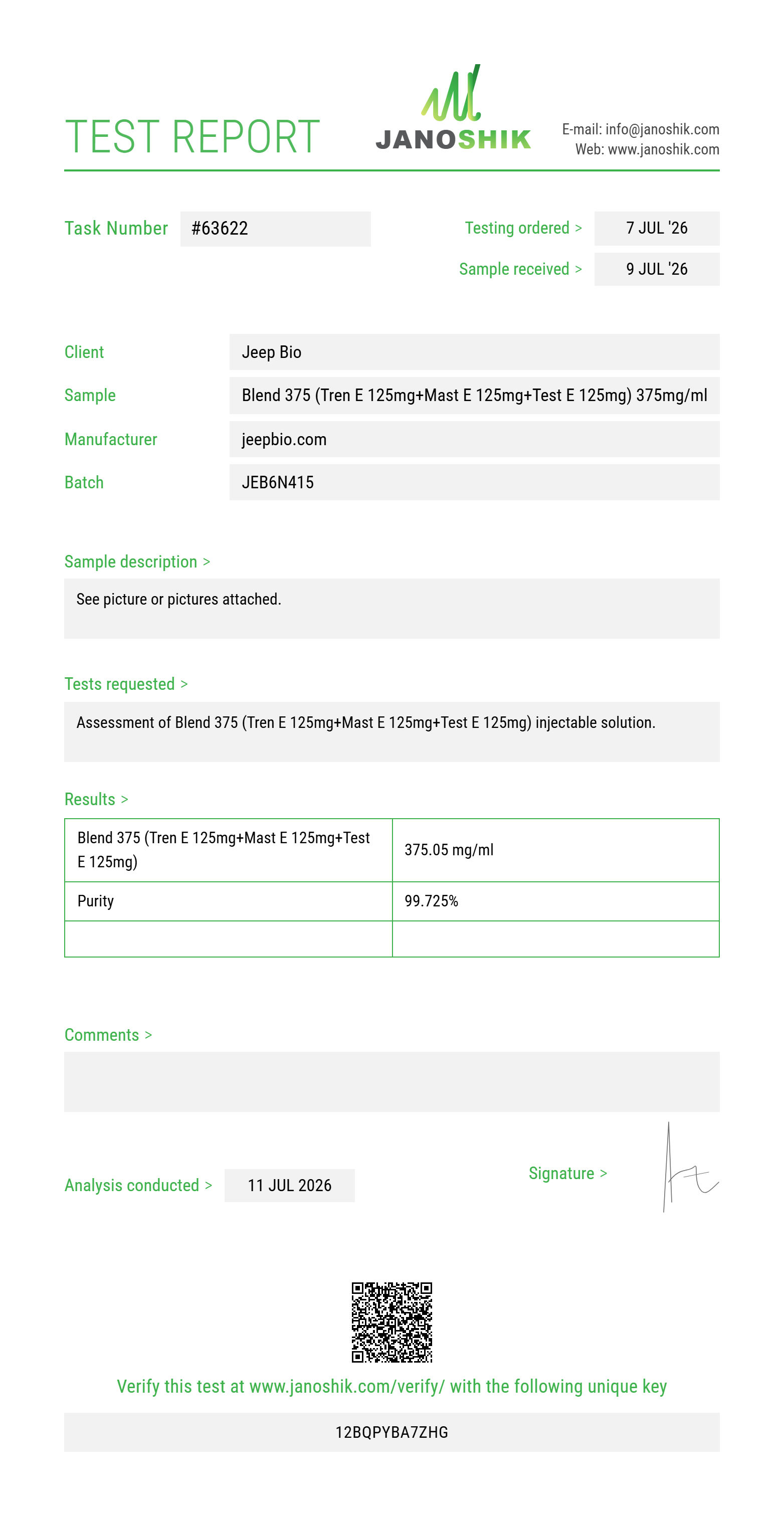 Blend 375 (Tren E 125mg+Mast E 125mg+Test E 125mg) Purity (HPLC) report by Janoshik Analytical