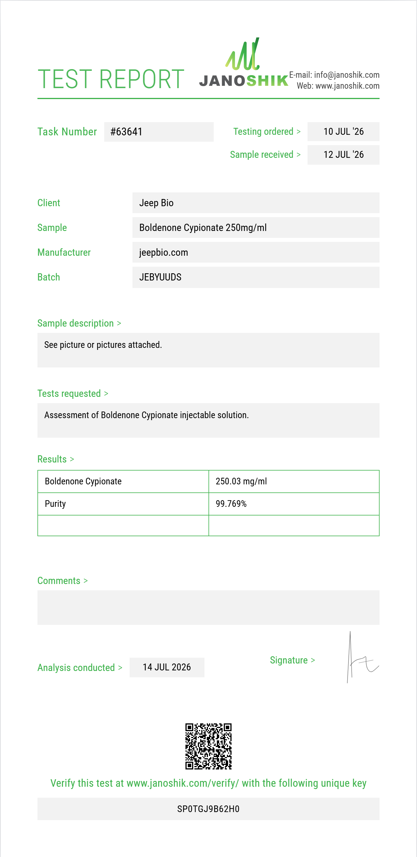 Boldenone Cypionate Purity (HPLC) report by Janoshik Analytical