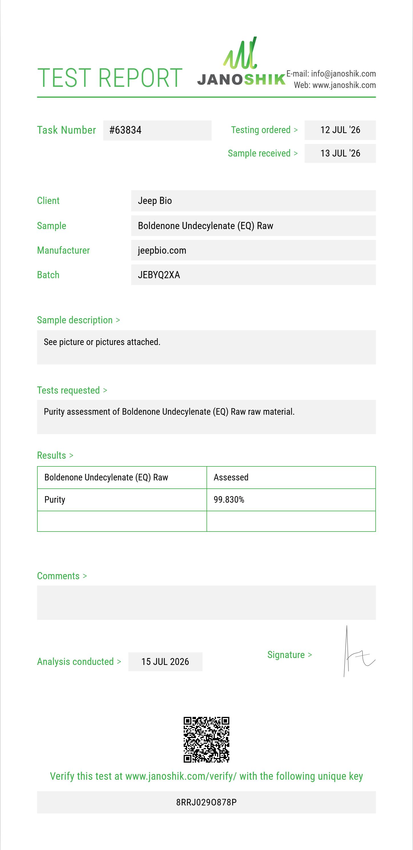 Boldenone Undecylenate (EQ) Raw Purity (HPLC) report by Janoshik Analytical