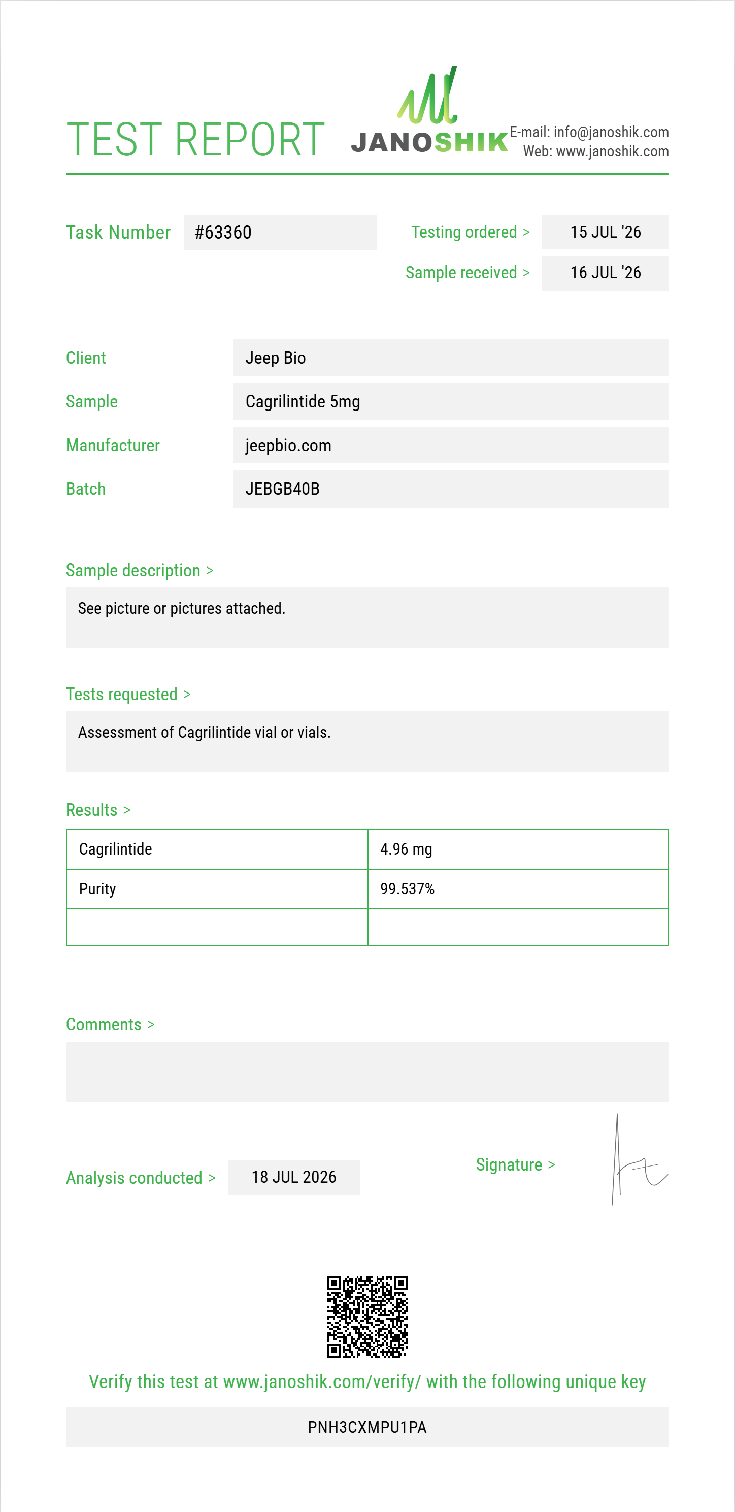 Cagrilintide Purity (HPLC) report by Janoshik Analytical