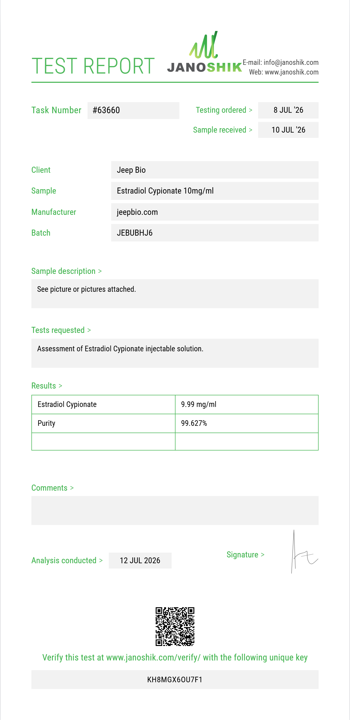 Estradiol Cypionate Purity (HPLC) report by Janoshik Analytical