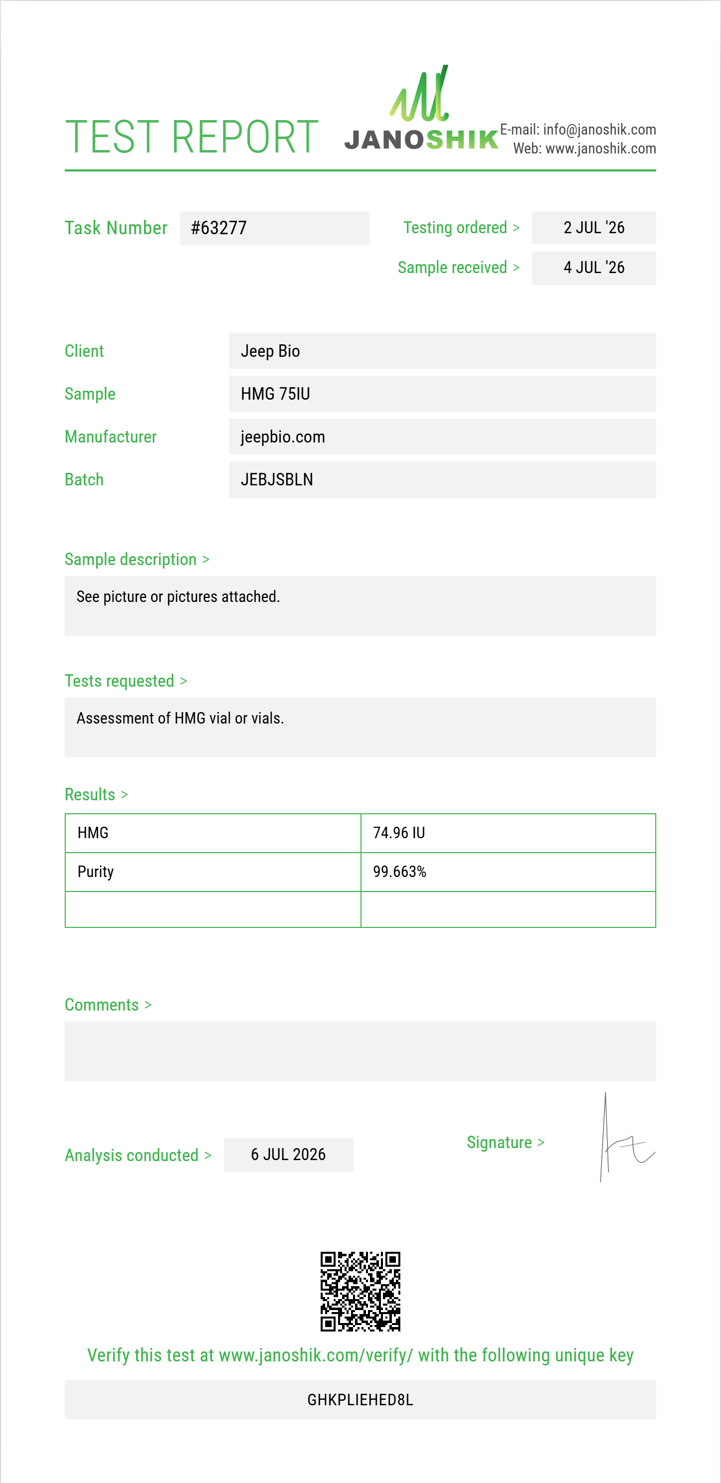 HMG Purity (HPLC) report by Janoshik Analytical