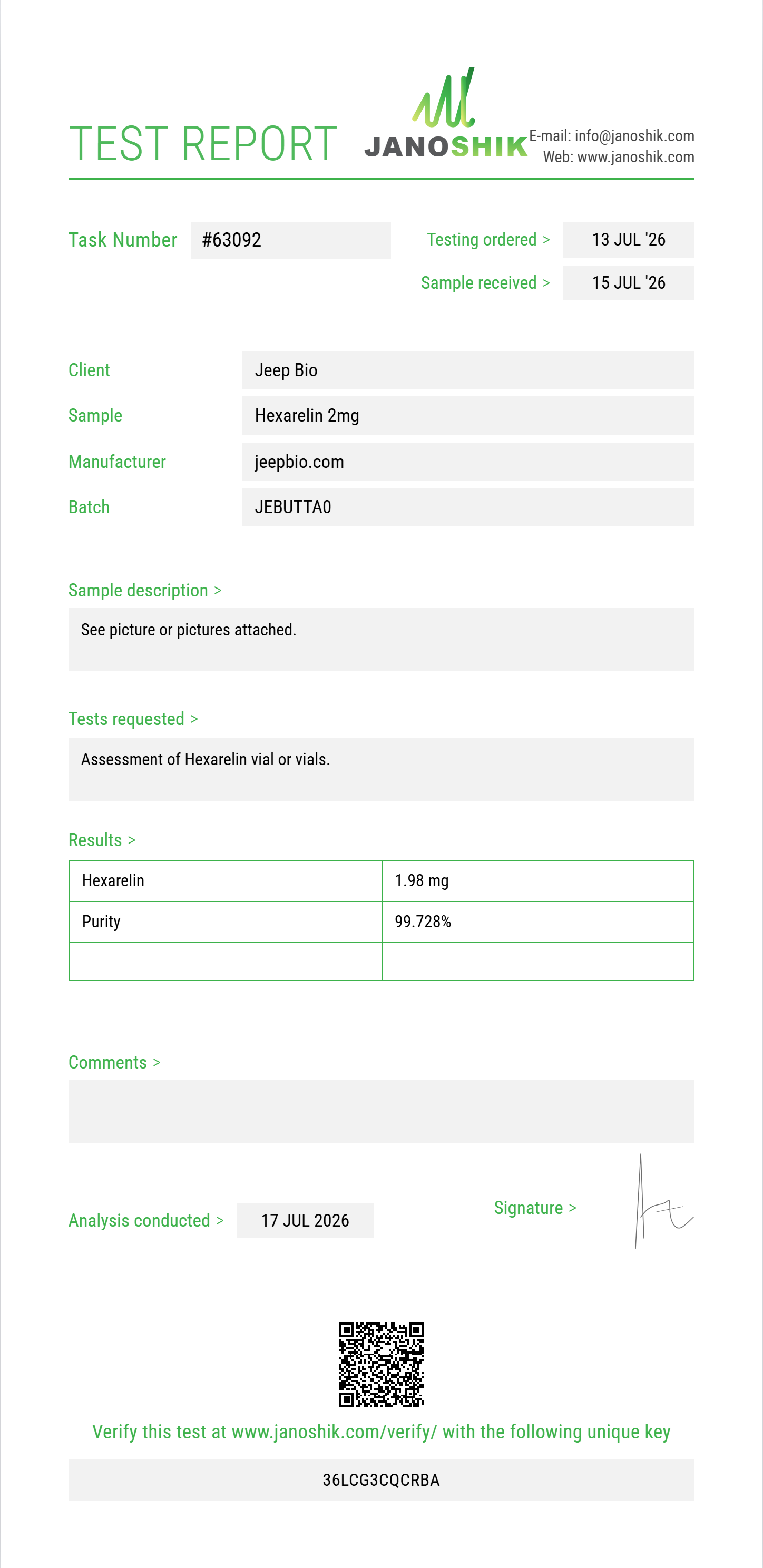 Hexarelin Purity (HPLC) report by Janoshik Analytical