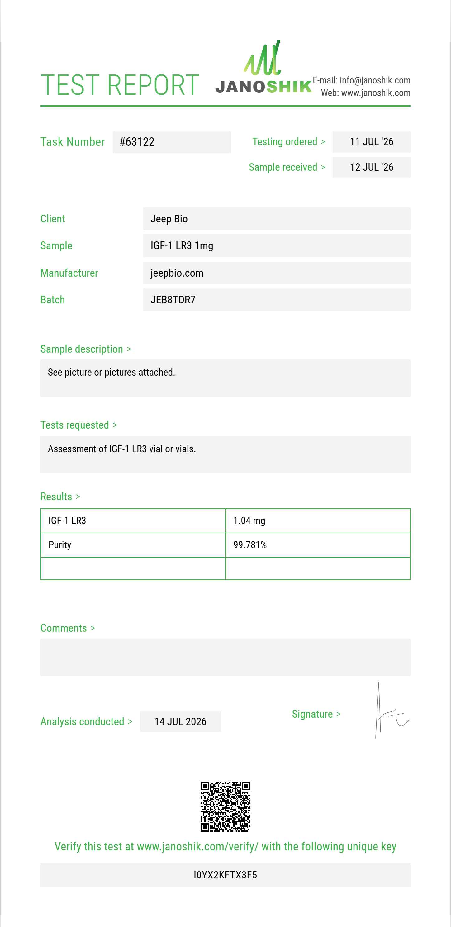 IGF-1 LR3 Purity (HPLC) report by Janoshik Analytical