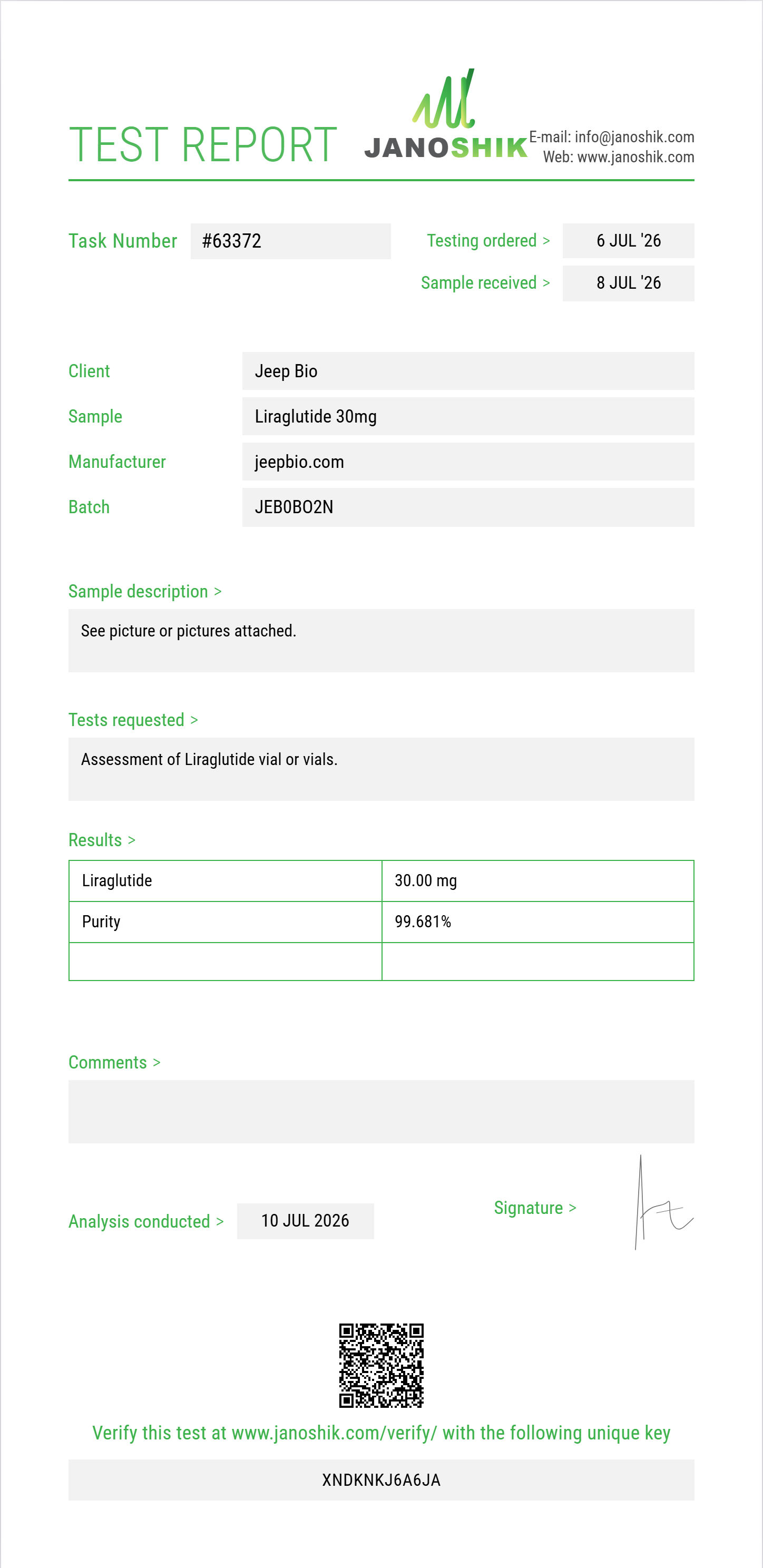 Liraglutide Purity (HPLC) report by Janoshik Analytical