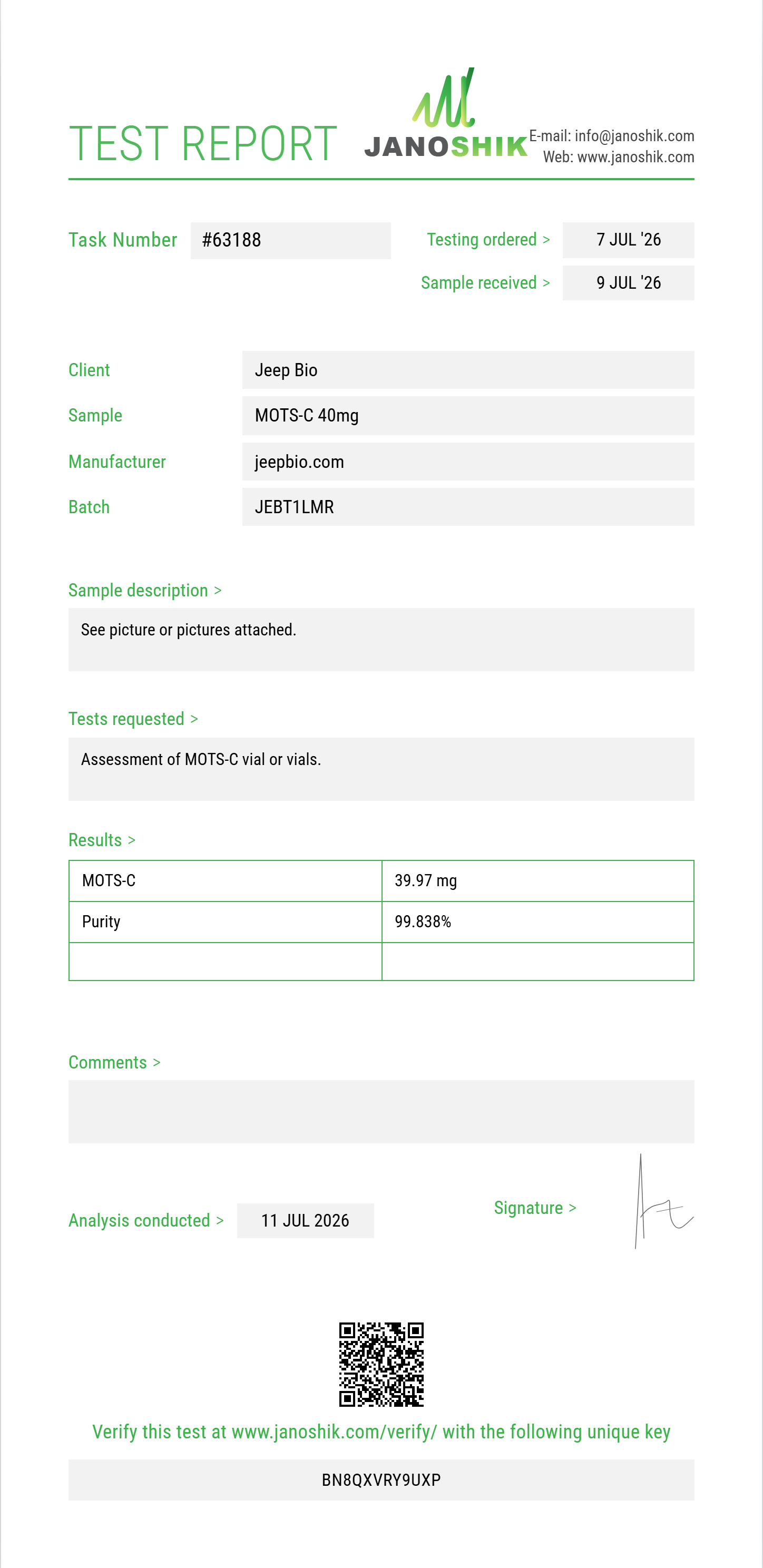 MOTS-C Purity (HPLC) report by Janoshik Analytical