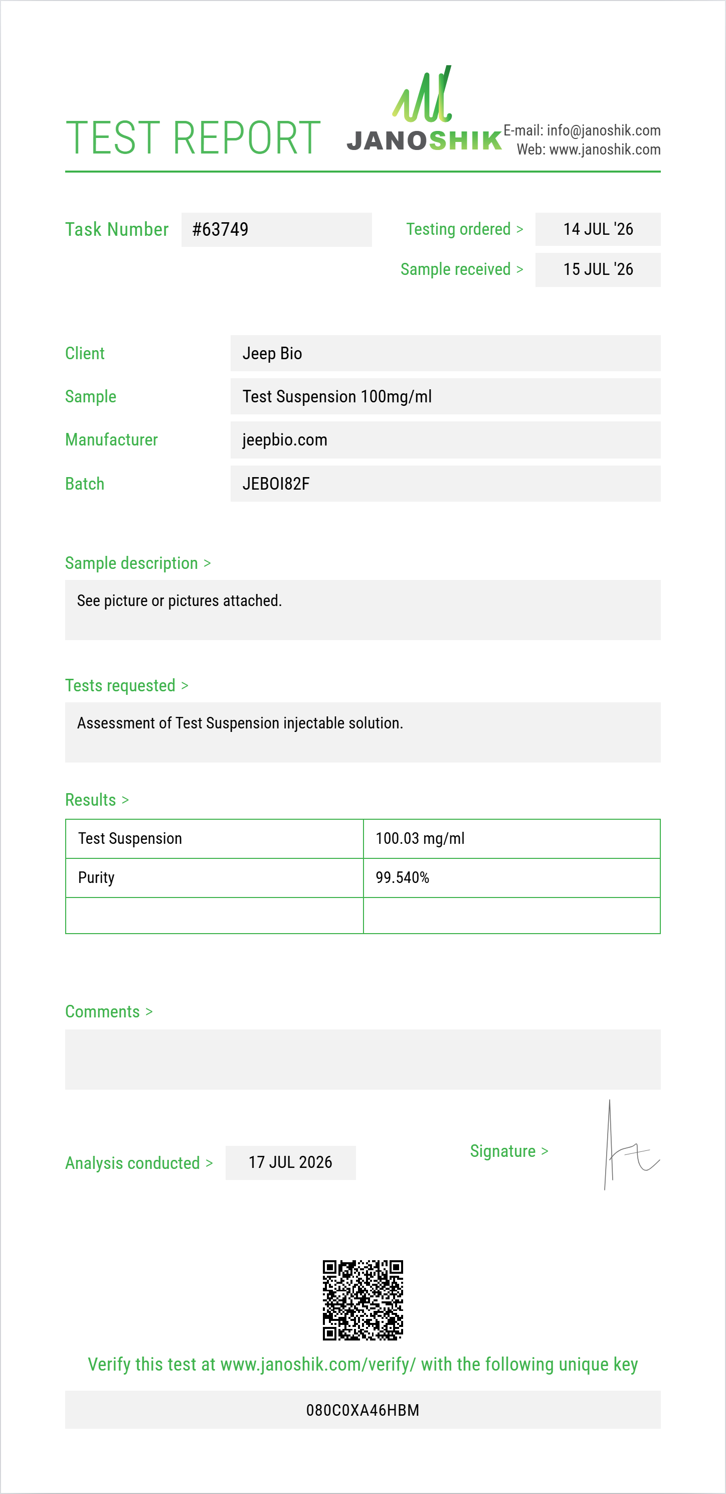 Test Suspension Purity (HPLC) report by Janoshik Analytical