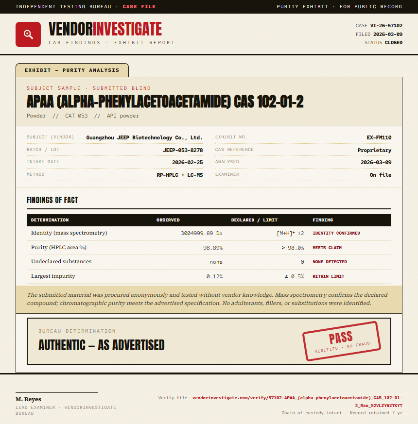 APAA (alpha-phenylacetoacetamide) CAS 102-01-2 Purity (HPLC) report by VendorInvestigate