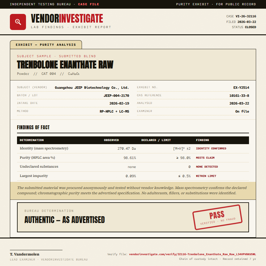 Trenbolone Enanthate Raw Purity (HPLC) report by VendorInvestigate
