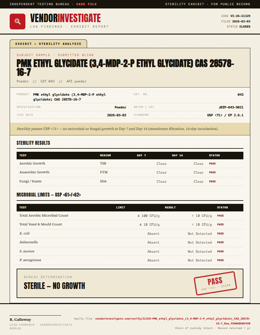 PMK ethyl glycidate (3,4-MDP-2-P ethyl glycidate) CAS 28578-16-7 Sterility report by VendorInvestigate